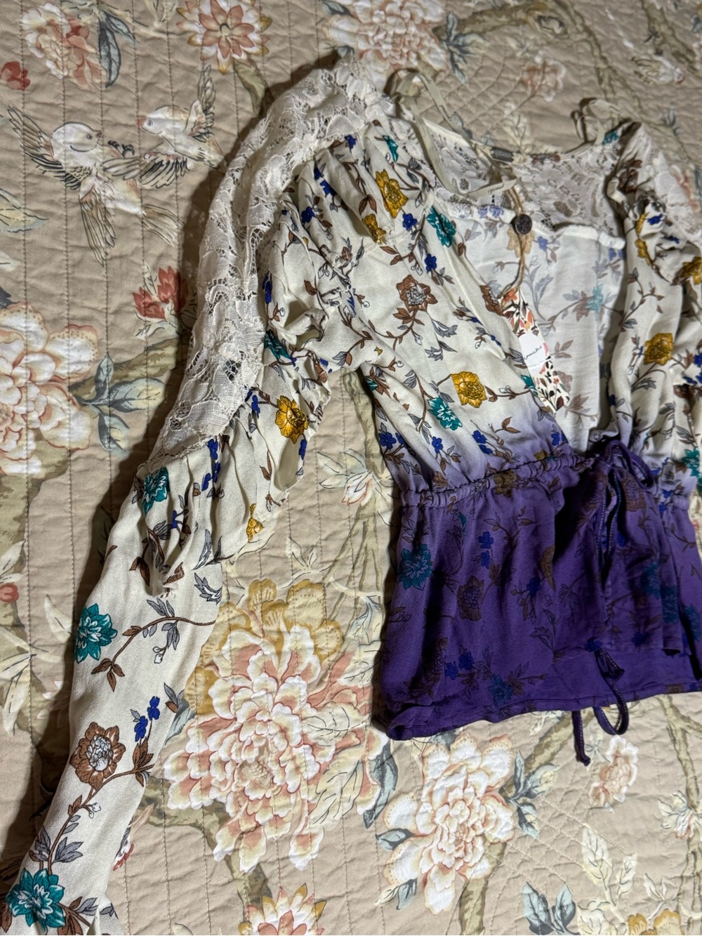 gimmicks by BKE Cream Floral Blouse with Purple Waist Panel